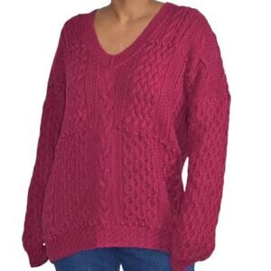 Vintage Express Sweater Red Hand Knit Chunky Cable Textured Fisherman Size Small